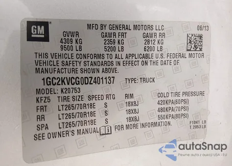 2013 Chevrolet Silverado 2500Hd Work Truck z USA, uszkodzony, nr VIN 1GC2KVCG0DZ401137